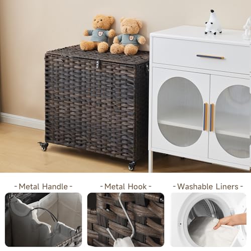 Laundry Hamper with Wheels, 39.6 Gallon(150L) Rolling Laundry Basket with Lid, Removable Large 2 Color Liners & 3 Mesh Laundry Bags, Clothes Hamper with Side Pocket, Brown - color: Brown, size: 23.62"L x 15.75"W x 25.6"H
