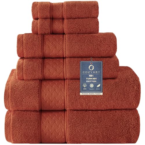 COZYART Bath Towel Set 6 PCS, Luxury 100% Turkish Cotton 650GSM Ultra Soft | Absorbent Quick Dry, OEKO‑Tex 100 Cert. Zero Twist Ring Spun Cotton, Plush Fluffy, Breathable Hotel Quality Bathroom Towels - color: Orange- Burnt Orange