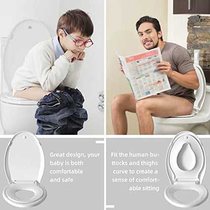Hibbent Potty Training Toilet Seat, Built-in Magnetic Seat, Lid with Cover, Never Loosen and Slow Close Convertible Toilet Seat for Kids, Adult and Child (White, Elongated) - style: Classic Elongated 18.5"