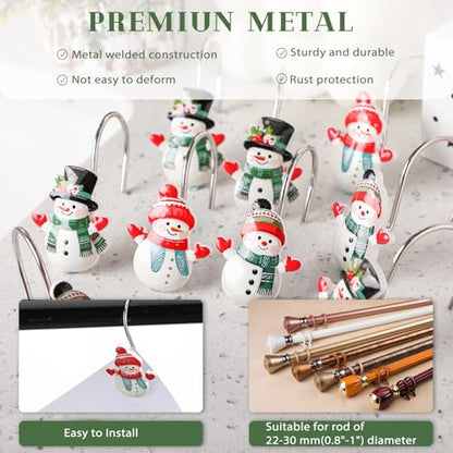 Colingmill 12 Pcs Christmas Snowman Shower Curtain Hooks Xmas Snowman Shower Curtain Hooks Holiday Bathroom Rust Resistant Decor Rings for Winter Bathroom Bedroom Farmhouse Decorations - style: Snowman