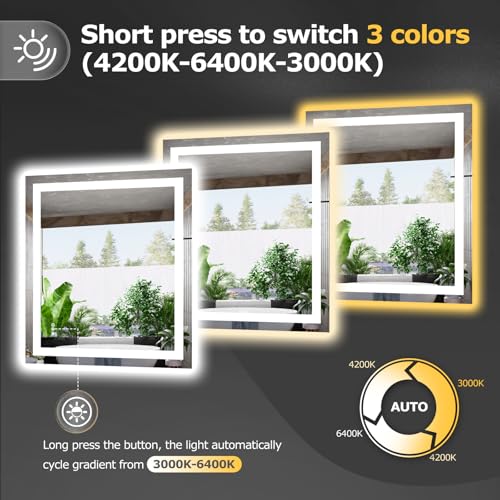 Hivone 32"X36" LED Bathroom Mirror with Lights, Anti-Fog, Dimmable, Backlit + Front Lit, Smart Bathroom Vanity Mirror, Memory Function, Shatterproof, Tempered Glass (Horizontal/Vertical) - size: 32"L x 36"W