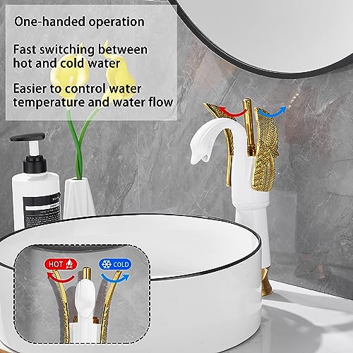Swan Shape Single Handle 1Hole Bathroom Vessel Sink Faucet Deck Mount Lavatory Sink Faucet Gold Mixed White - color: White, size: Tall