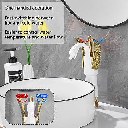 Swan Shape Single Handle 1Hole Bathroom Vessel Sink Faucet Deck Mount Lavatory Sink Faucet Gold Mixed White - color: White, size: Tall