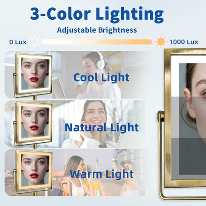 Ruacq Wall Mounted Makeup Mirror with Lights 1X/10X Antique Brass | 8",4000mAh Rechargeable,Magnification,3 Color,Touch Screen Dimmable,360° Rotation Extension Foldable Arm, Square, Women Gift - color: Antique Brass