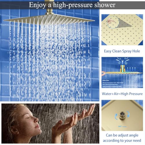 12 Inch Brushed Gold Ceiling Mount Shower System Bathroom Luxury Rain Mixer Shower Combo Set Ceiling Rainfall Shower Head System Faucet Contain Rough-in Valve and Trim Included - color: Brushed Gold, size: 12 Inch