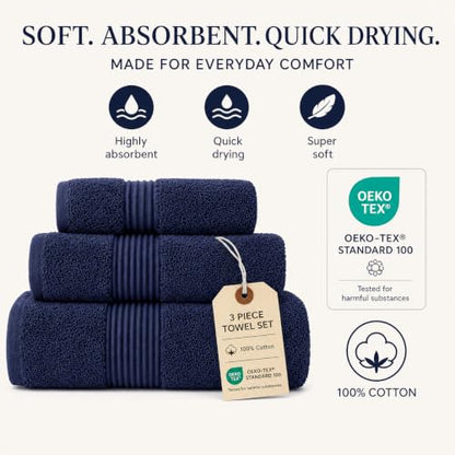 Towel Set for Bathroom, 3 Piece Turkish Cotton Bath Hand and Wash Towels | Mixed size set in Azure Blue, 600 gram weight. Double stitched hems suit family and guest use. - color: Azure Blue
