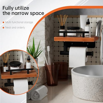 Toilet Paper Holder with Wood Shelf, Wall Mount Toilet Paper Roll Holder with Wooden Shelf and Matte Black Stainless Steel Pipe, Tissue Roll Holder for Bathroom Washroom (Light Brown, 7.9'' x 5.9'') - color: Light Brown, size: 7.9'' x 5.9''