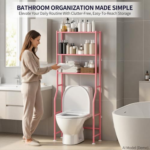 3-Tier Over The Toilet Storage, Freestanding Metal Bathroom Shelves, Space Saver Above The Over Toilet Storage Shelf for Bathroom (Pink) - color: Pink