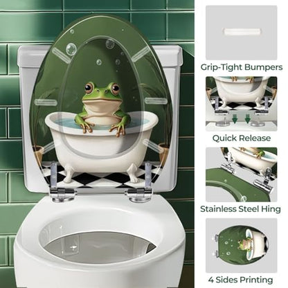 Elongated Resin Toilet Seat, Quietly Close Quick Release Hinges Cover | Toilet Lid Cover Easy to Clean and Install, Funny Cute Frog Cool Animal Green Plant Leaves Tropical Heavy Duty Toilet Seat - color: pattern5, size: V-shape