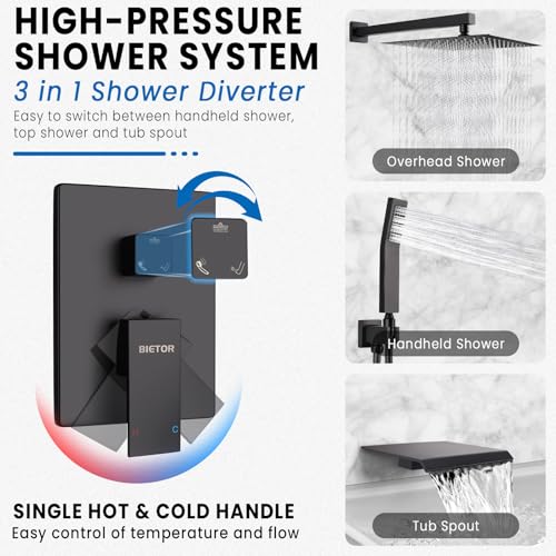 Wall Mounted Shower Faucet Set, Shower System with Tub Spout, 10 Inch Rainfall Shower Head with Handheld Spray, Waterfall Tub Spout Bathtub Faucet, Black - color: Black