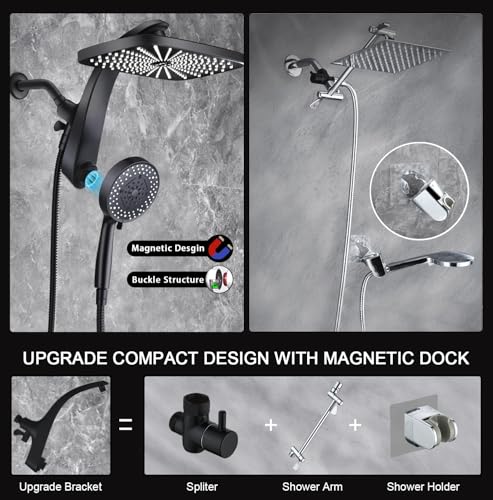 12" High Pressue Rain Shower Head with Handheld, 9 Sprays Hand Showerhead | Shower Heads with Handheld Spray Combo, Dual Head, Built-in Magnetic Docking, Power Jets, 59" Shower Hose, Black 1.75GPM - color: Black