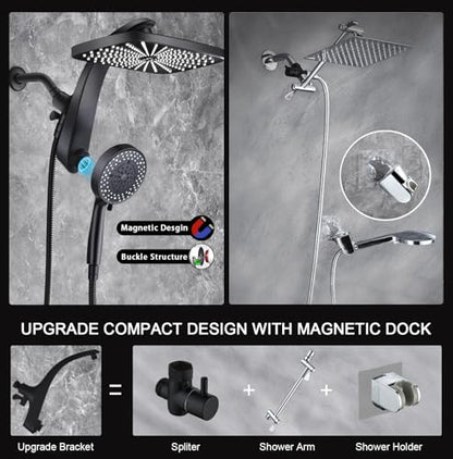 12" High Pressue Rain Shower Head with Handheld, 9 Sprays Hand Showerhead | Shower Heads with Handheld Spray Combo, Dual Head, Built-in Magnetic Docking, Power Jets, 59" Shower Hose, Black 1.75GPM - color: Black