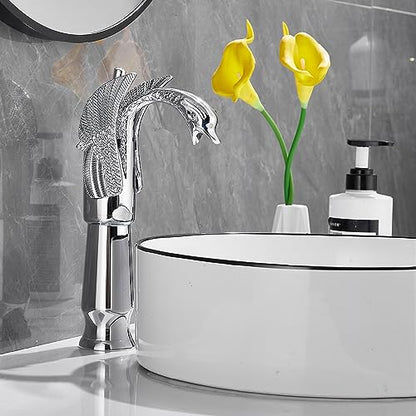Chrome Swan Shape Single Handle One Hole Bathroom Vessel Sink Faucet Deck Mount Lavatory Sink Faucet - color: Chrome, size: Tall