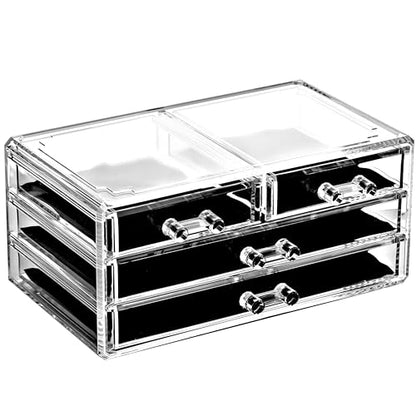 Ikee Design 5 Pcs Acrylic Makeup Organizer, 15 Drawers Lipstick Holders | 5 Pcs Set Acrylic Makeup Organizer with 15 Drawers and Removable Top Lipstick Holders, Make-up,Your Vanity or Bathroom - color: 1d) 1 Top 15 Drawers