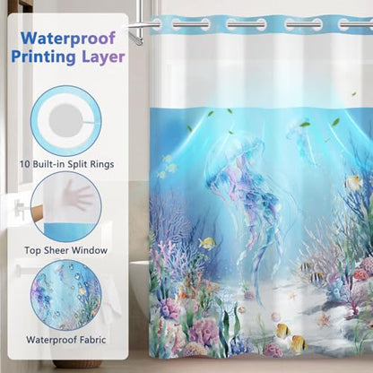 Ocean No Hook Shower Curtain with Snap in Liner Set, Colorful Jellyfish Shower Curtain with Mesh Top Window and Weighted Hem, Hotel Style Double-layer Waterproof Fabric Shower Curtain for Bathroom - color: Jellyfish
