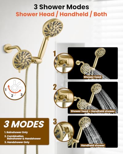 gotonovo Dual Shower Head Kit with Valve 6 Mode Handheld Brushed Gold | 6 Mode ABS Rain Head 6 Mode ABS Handheld Spray 2 in 1 Bathroom Trim Kit Pressure Balance Valve Shower Head and Handle Set - color: Gold