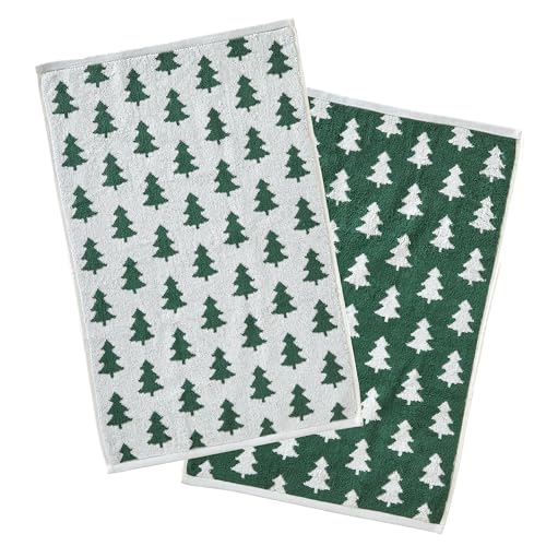 SKL Home Christmas/Winter Holiday Trees Hand Towel Set-2pc, Green/White | 100% Cotton. 500 GSM. Soft & absorbent. Reversible jacquard pattern. Great for the bathroom, kitchen or bar & gifting. - color: Holiday Trees, style: Hand Towel Set
