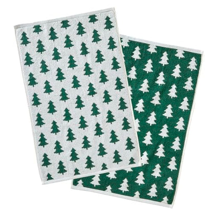 SKL Home Christmas/Winter Holiday Trees Hand Towel Set-2pc, Green/White | 100% Cotton. 500 GSM. Soft & absorbent. Reversible jacquard pattern. Great for the bathroom, kitchen or bar & gifting. - color: Holiday Trees, style: Hand Towel Set