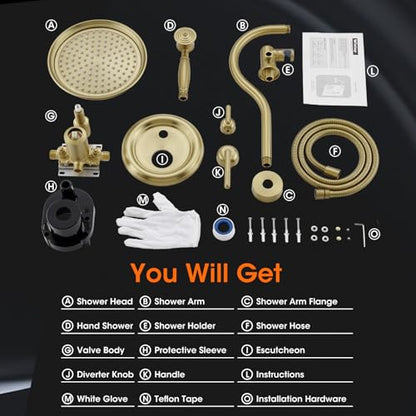 Rainfall Shower System Shower Faucet Set, Luxury, Antique, Light Gold | 9 Inch Shower Head and Handheld Spray, Pressure Balance Valve, Wall Mounted, Bathroom, Shower Trim Kit - color: Brushed Light Gold, style: With Handheld