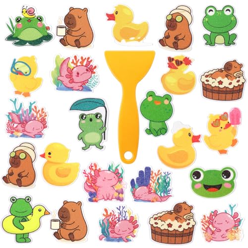 Yaomiao 24 Pcs Non Slip Bathtub Stickers Anti Slip Shower Stickers Cute Axolotl Duck Capybara Frog Decals Threads Adhesive Appliques with Scraper for Safety Bathroom Tubs Shower Floor Stairs - style: Cute
