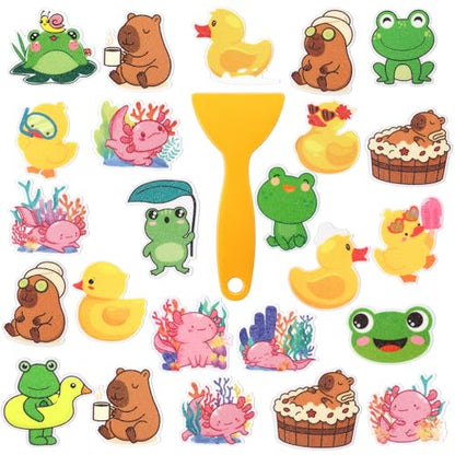 Yaomiao 24 Pcs Non Slip Bathtub Stickers Anti Slip Shower Stickers Cute Axolotl Duck Capybara Frog Decals Threads Adhesive Appliques with Scraper for Safety Bathroom Tubs Shower Floor Stairs - style: Cute