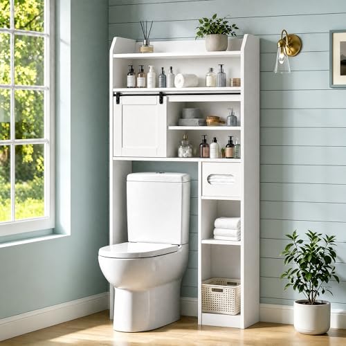 VECELO Over The Toilet Storage Cabinet with Sliding Doors, 63.8" Toilet Organizer with Adjustable Shelves, Paper Holder and Racks, for Bathroom Laundry, White - size: 34.3‘’*9‘’*63.8‘’（L*W*H）