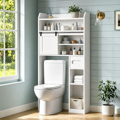 VECELO Over The Toilet Storage Cabinet with Sliding Doors, 63.8" Toilet Organizer with Adjustable Shelves, Paper Holder and Racks, for Bathroom Laundry, White - size: 34.3‘’*9‘’*63.8‘’（L*W*H）