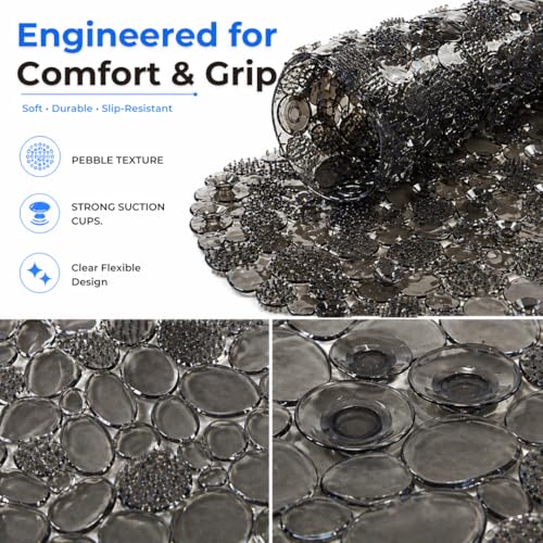 Bath Bliss Non-Slip Pebble Bathtub Mat 18x36 Oval Smoke Color | Suction Cup Shower Mat with Drain Holes | Machine Washable Anti-Slip Tub Mat - color: Smoke