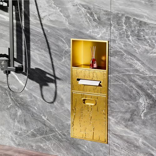 Stainless Steel Recessed Shower Nich with Built-in Trash Can(25.4X11.2IN) | Waterproof Bathroom Niche Alcove Toilet Paper Toiletries Storage Rack for Living Room Bedroom Hotel Residential - color: Gold