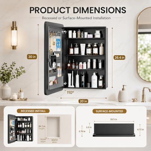 20x30 Black Medicine Cabinet Mirror, Recessed or Surface Mount | Built-in makeup organizer with lipstick slots, Brush holders and inner mirror; 3 adjustable shelves; Rustproof aluminum - size: 20" x 30"