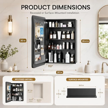 20x30 Black Medicine Cabinet Mirror, Recessed or Surface Mount | Built-in makeup organizer with lipstick slots, Brush holders and inner mirror; 3 adjustable shelves; Rustproof aluminum - size: 20" x 30"