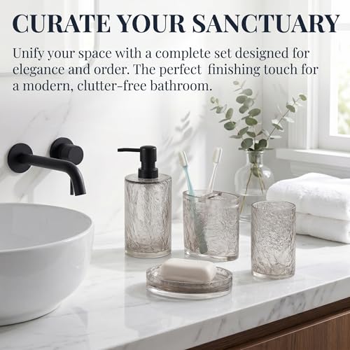 RQYIXI Resin 4-Piece Bathroom Accessories Set, Silver Crackle, Shatterproof | bathroom accessories set clear resin silver ice crackle texture shatterproof unbreakable modern countertop organization - size: 4pcs