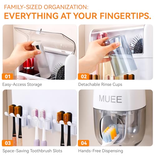 Toothbrush Holder Wall Mounted with Automatic Toothpaste Dispenser, Dustproof Flip Cover and Inverted Cup Slots, Multi-Functional No-Drill Bathroom Organizer for Family, Space Saver (3 Cups)