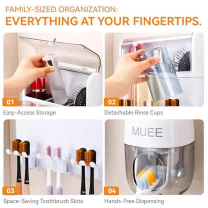 Toothbrush Holder Wall Mounted with Automatic Toothpaste Dispenser, Dustproof Flip Cover and Inverted Cup Slots, Multi-Functional No-Drill Bathroom Organizer for Family, Space Saver (3 Cups)