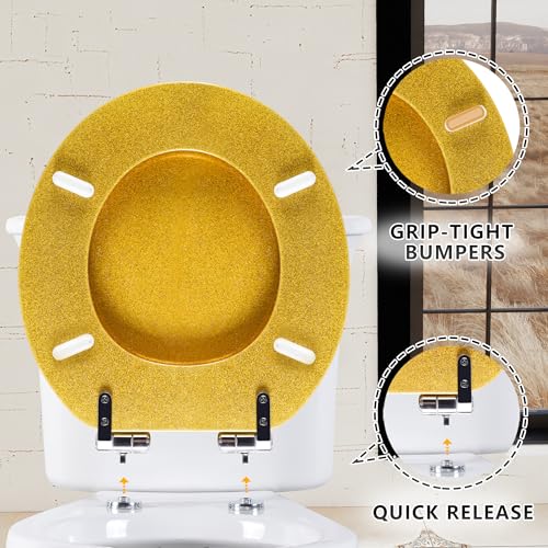 Angol Shiold Glitter Toilet Seat Molded Wood Round Toilet Seat with Quietly Close and Quick Release Hinges, Easy to Install also Easy to Clean (Round 16.5'', Gold) - color: Gold, size: Round 16.5‘’