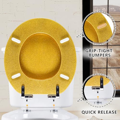 Angol Shiold Glitter Toilet Seat Molded Wood Round Toilet Seat with Quietly Close and Quick Release Hinges, Easy to Install also Easy to Clean (Round 16.5'', Gold) - color: Gold, size: Round 16.5‘’