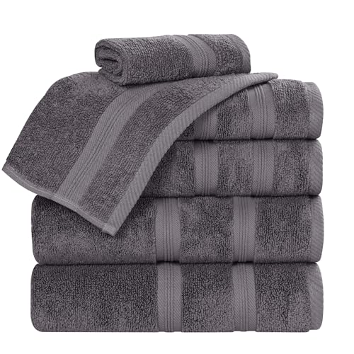 Superior 6-Piece Cotton Towel Set, Soft Plush Essential Towels, Bathroom Decor, Shower, Gym, Spa, Salon, Resort, Airbnb, Includes 2 Hand, 2 Face, and 2 Bath Towels, Smart Dry Collection, Grey