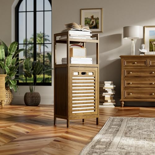 HITNET Bamboo Tilt Out Laundry Hamper, Bathroom Storage Cabinet with Hidden Removable Basket and 2 Open Shelves, Space Saving Bamboo Storage for Clothes, Towels and Toys, Walnut - color: Walnut