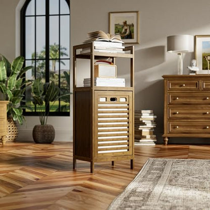 HITNET Bamboo Tilt Out Laundry Hamper, Bathroom Storage Cabinet with Hidden Removable Basket and 2 Open Shelves, Space Saving Bamboo Storage for Clothes, Towels and Toys, Walnut - color: Walnut