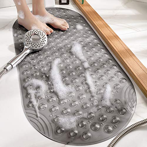 DEXI Bathtub Mat Non Slip 16x35, Shower Floor Mats for Bathroom Bath Tub | Clear Grey, Washable Oval Bathmat, Suction Cups and Drain Holes to Keep Tubs Clean - color: Clear Gray