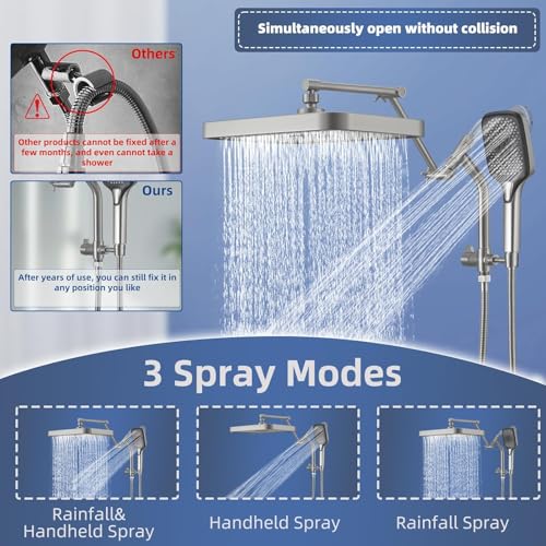 14" High Pressure Rain/Rainfall Shower Heads With Handheld Spray Combo (3+1 Settings & Built-in Power Wash Mode), Double/Dual Shower Head With Handheld - Height/Angle Adjustable(Brushed Nickel) - color: Brushed Nickel, size: 14 Inch