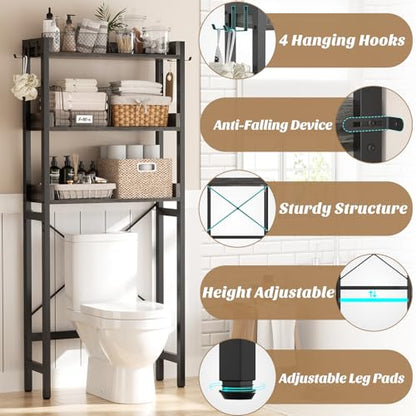 Ecoprsio Over-The-Toilet Storage Rack, 3-Tier Bathroom Organizer Shelf Over Toilet, Freestanding Space Saver Toilet Stands with 4 Hooks, Grey - color: Grey Oak
