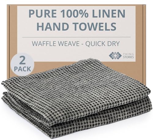 100% European Linen Hand Towels for Kitchen & Bath - Set of 2 - Waffle Weave, Highly Absorbent & Quick-Dry - 14 x 28 in - Stone Washed Flax - color: Black Natural, size: Hand Towels