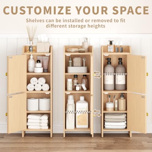 Rattan Narrow Bathroom Storage Cabinet, 7.9''D x 9.8''W x 29.5''H, Toilet Paper Storage Cabinet with 2 Doors & Adjustable Shelf, Space-Saving Bathroom Organizer for Small Spaces, Natural Oak