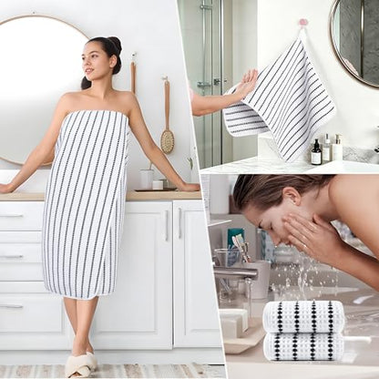 POLYTE 430 GSM Poly Blend Microfiber Quick Dry Waffle Bath Towel Set of 6 | 2-Body Towels, 2-Hand Towels, 2-Wash cloths, Oversize, Lint Free - color: White/Black