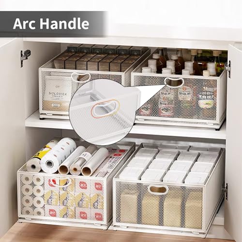 Sliding Cabinet Basket Organizer Drawer Self Adhesive Slide out Pantry Shelves Heavy Duty Carbon Steel Slide Cabinet Storage Basket with Handle for Bathroom Kitchen Home - size: Extended Medium