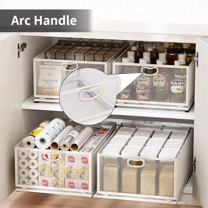 Sliding Cabinet Basket Organizer Drawer Self Adhesive Slide out Pantry Shelves Heavy Duty Carbon Steel Slide Cabinet Storage Basket with Handle for Bathroom Kitchen Home - size: Extended Medium