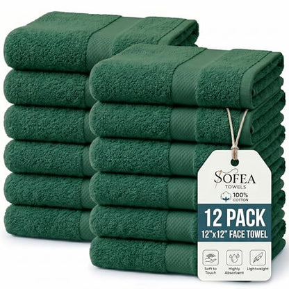 Sofea 100% Cotton Washcloths Set of 12, (12 x 12 Inch) 520 GSM Wash Cloths, Extra Soft Absorbent Quick Dry Face Towels - color: Forest Green