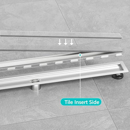 24 inch Linear Shower Drain with Tile Insert Grate Cover | Brushed 304 Stainless Steel Bonding Flange Linear Drain, Low Profile Linear Shower Drain with Hair Strainer - color: 24 in, size: Tile-insert