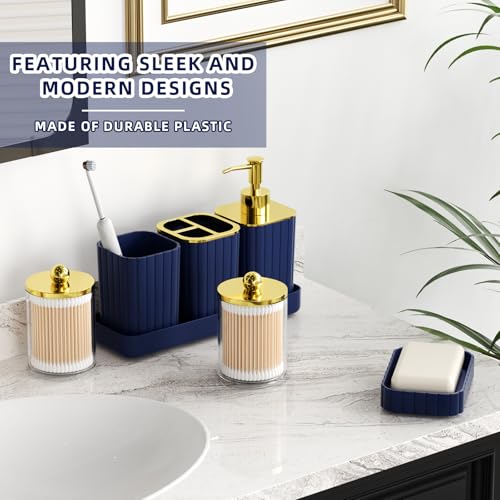 XLHOMO Bathroom Accessory Set - Gorgeous Bathroom Set, 7PC Blue Bathroom Set, Soap Dispenser, Toothbrush Holder, Qtip Holder Set, Bathroom Sets Complete, Bathroom Sink Set for Home Decor - style: Navy Blue&Gold